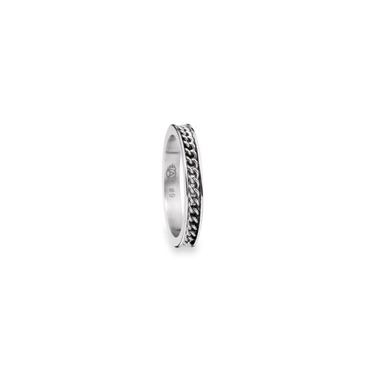 AN JEWELS JEWELRY Mod. AR.R1NS02S-9 silver ring with chain design viewed from the side.