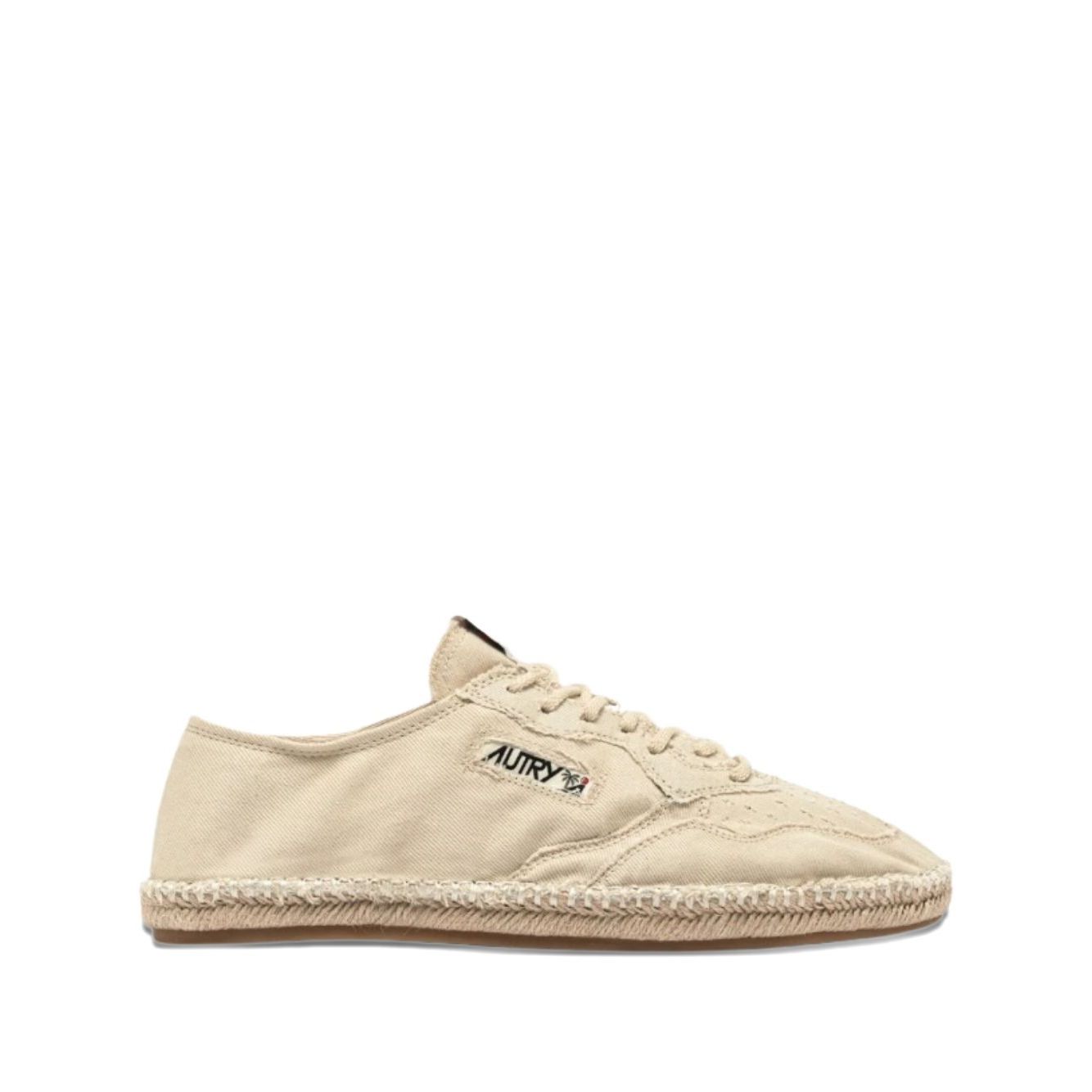 AUTRY Sneakers Ivory, canvas upper, beige jute sole, lace-up, logo patch, low espadrillas. Heel height 2 cm. Stylish casual footwear.