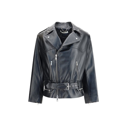 Alessandra Rich Black Leather Biker Jacket with wide lapels, side zipper, and buckle-adjustable belt for a stylish AW25 season look.