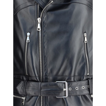 Close-up of Alessandra Rich Black Leather Biker Jacket with zippers and belt detail.