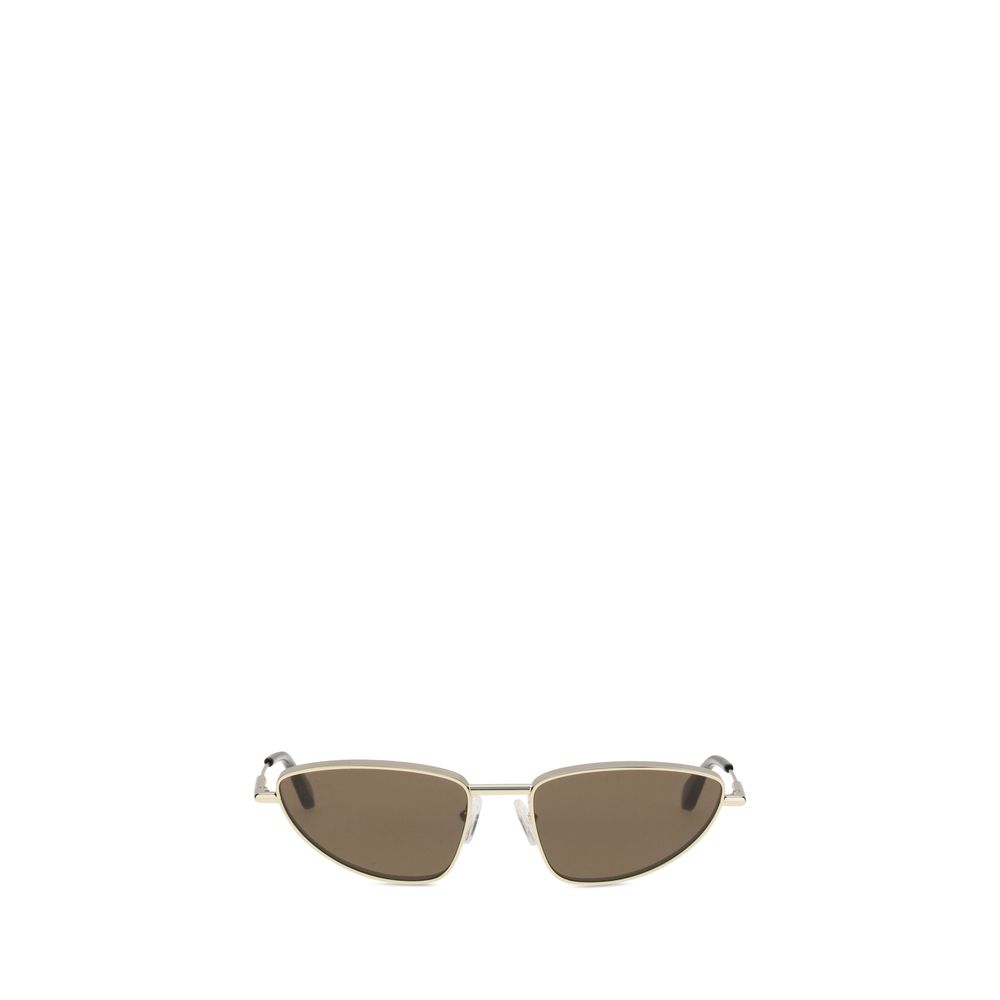 Alexander McQueen Gold Metal Sunglasses with cat-eye shape and T-shaped temple detail, silver metal finish, tone-on-tone mirrored lenses.