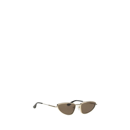 Alexander McQueen Gold Metal Sunglasses with beveled cat-eye design, silver-colored metal frame, and mirrored lenses.