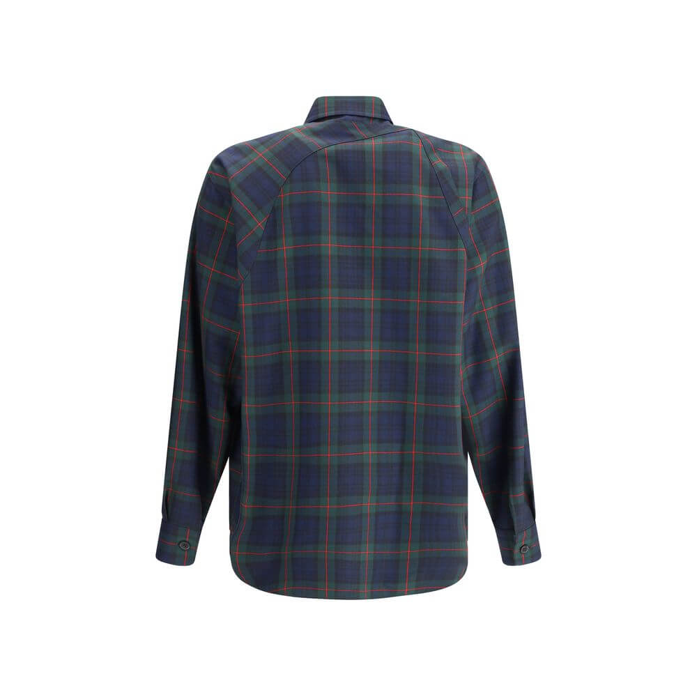 Back view of Alexander McQueen Green Polyester Pattern Shirt with plaid design and buttoned cuffs.