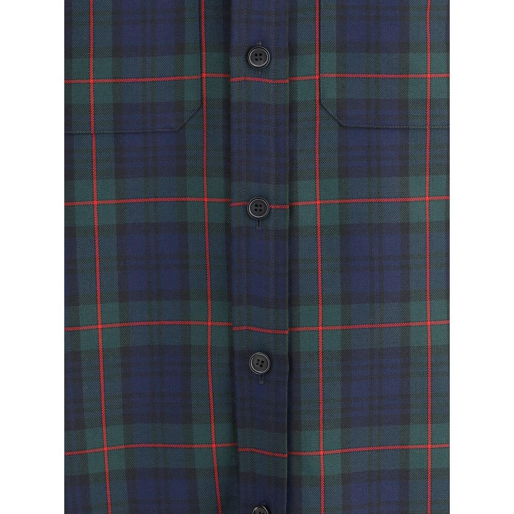 Close-up of the Alexander McQueen Green Polyester Pattern Shirt with tartan design and button details.