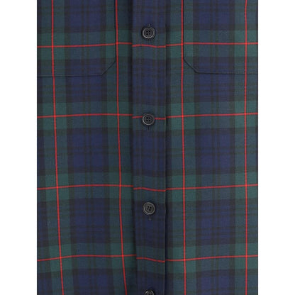 Close-up of the Alexander McQueen Green Polyester Pattern Shirt with tartan design and button details.