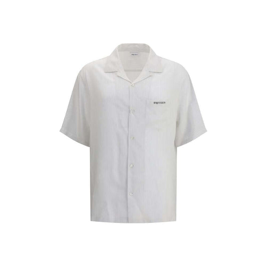 Alexander McQueen White Viscose Pattern Shirt with embroidered logo, thin stripes, front button closure, and chest patch pocket for AW25.