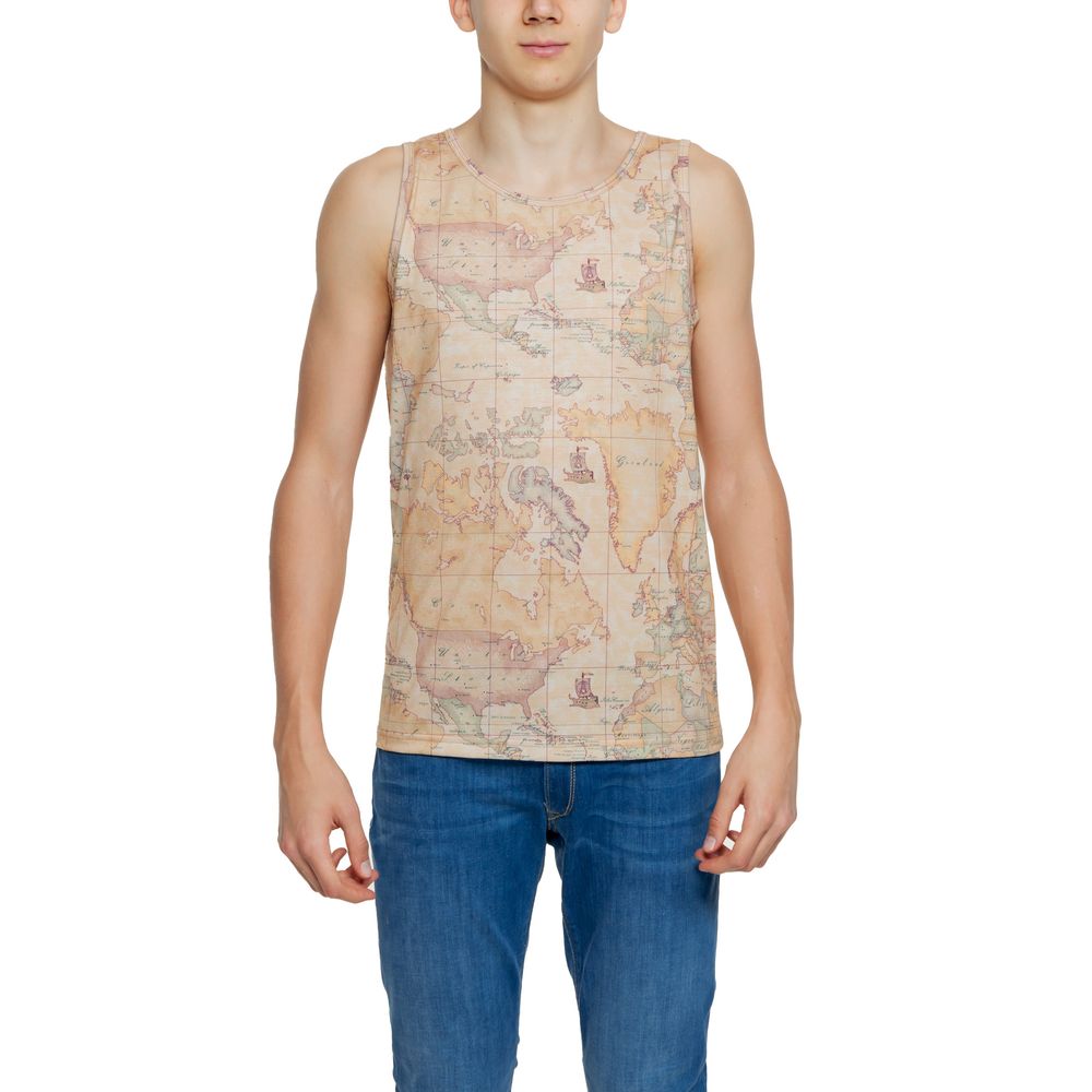 Alviero Martini Prima Classe Beige Polyester Tank Top with iconic geographic print modeled for casual summer wear.