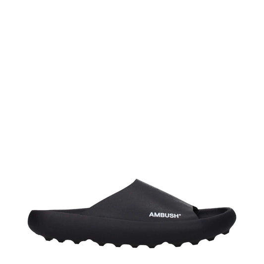 Ambush Black Cotton Slippers with side logo, open toe, rubber sole, stylish streetwear clogs, MPN BMIC005MAT0011001.