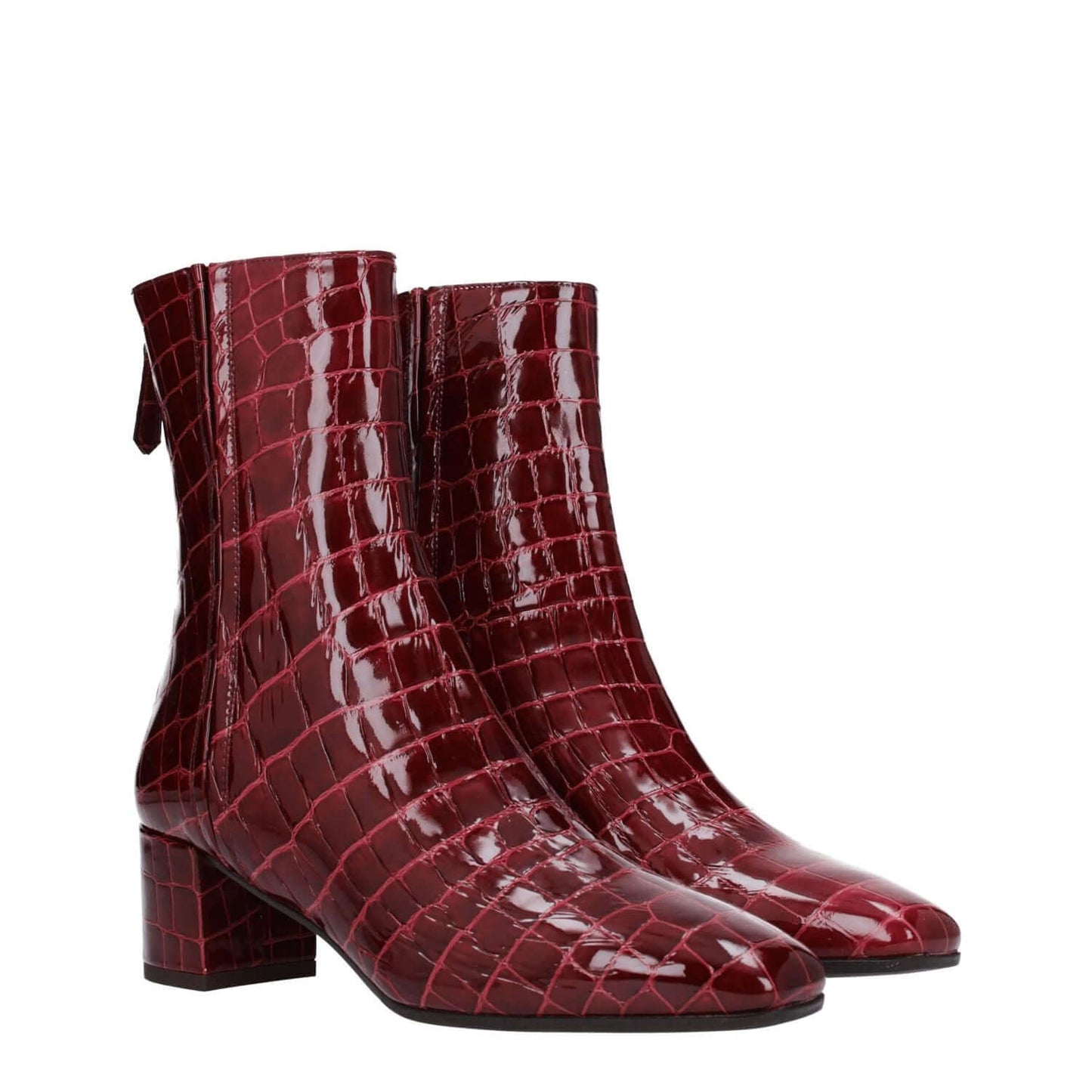 Aquazzura Red Leather Ankle Boots with crocodile print, mid heel, square toe, and zip closure.