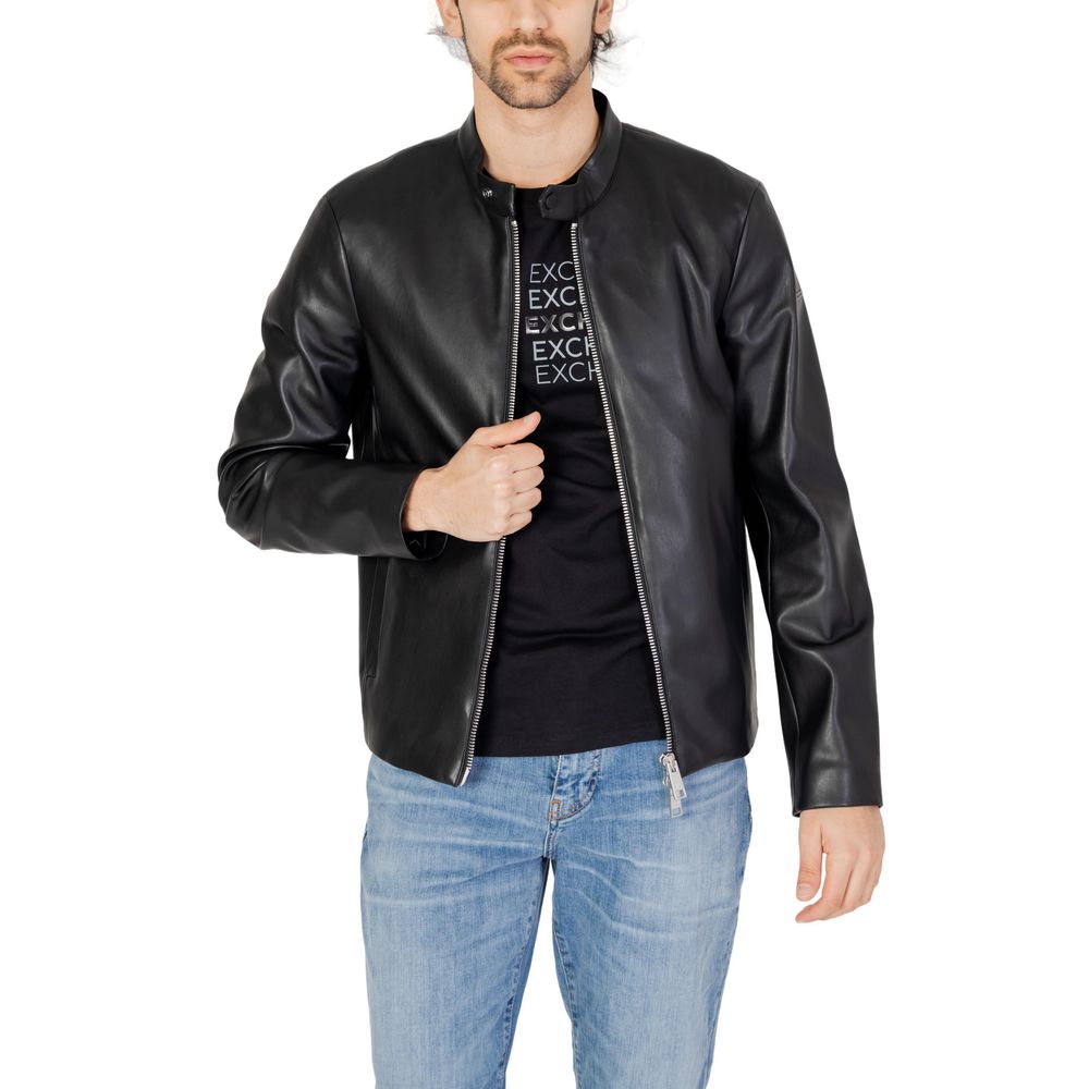 Armani Exchange Black Polyester Jacket worn by model, showcasing its contemporary design and soft technical fabric