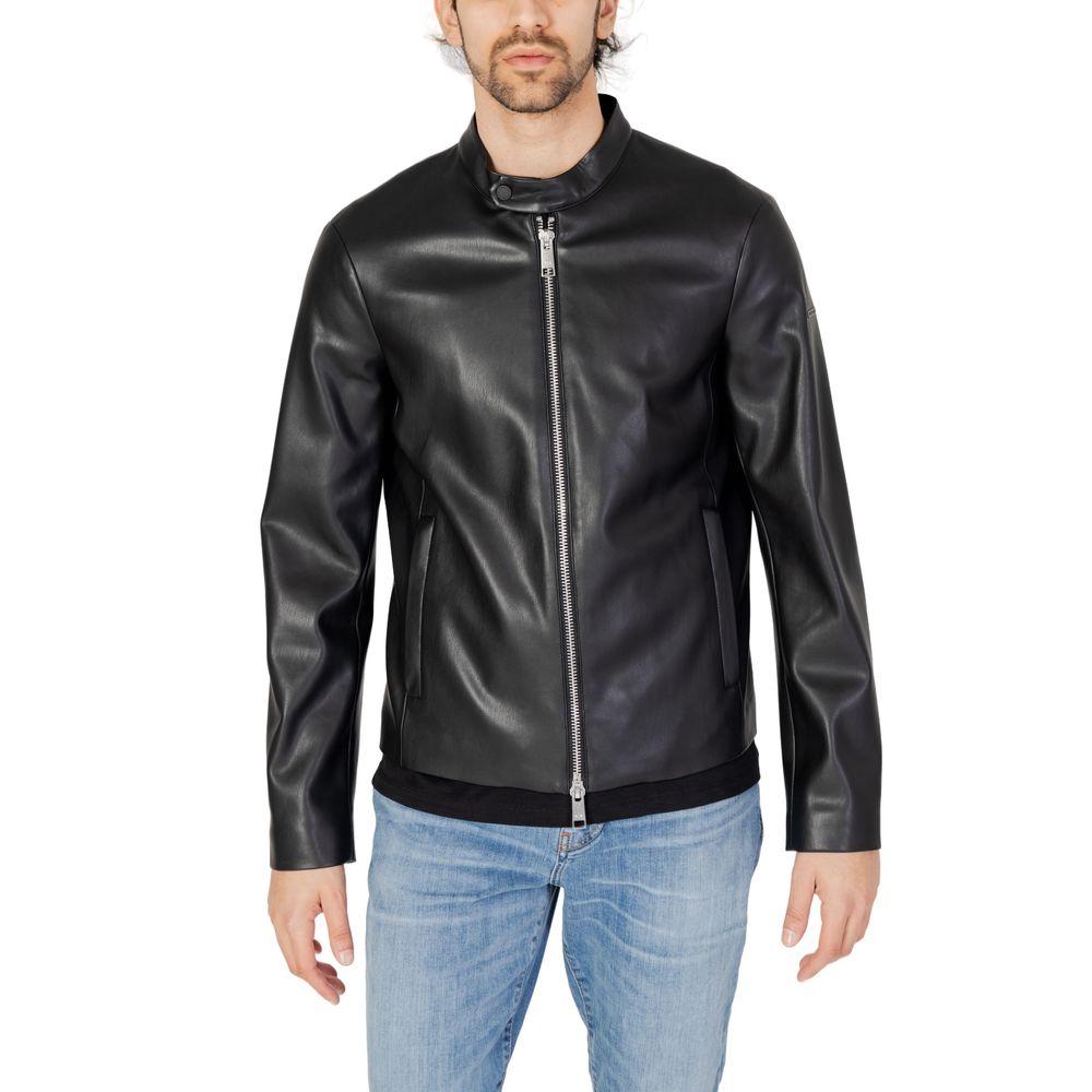 Armani Exchange Black Polyester Jackets & Coat for urban style, featuring zip closure and stand-up collar.