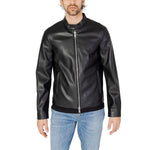 Armani Exchange Black Polyester Jackets & Coat for urban style, featuring zip closure and stand-up collar.