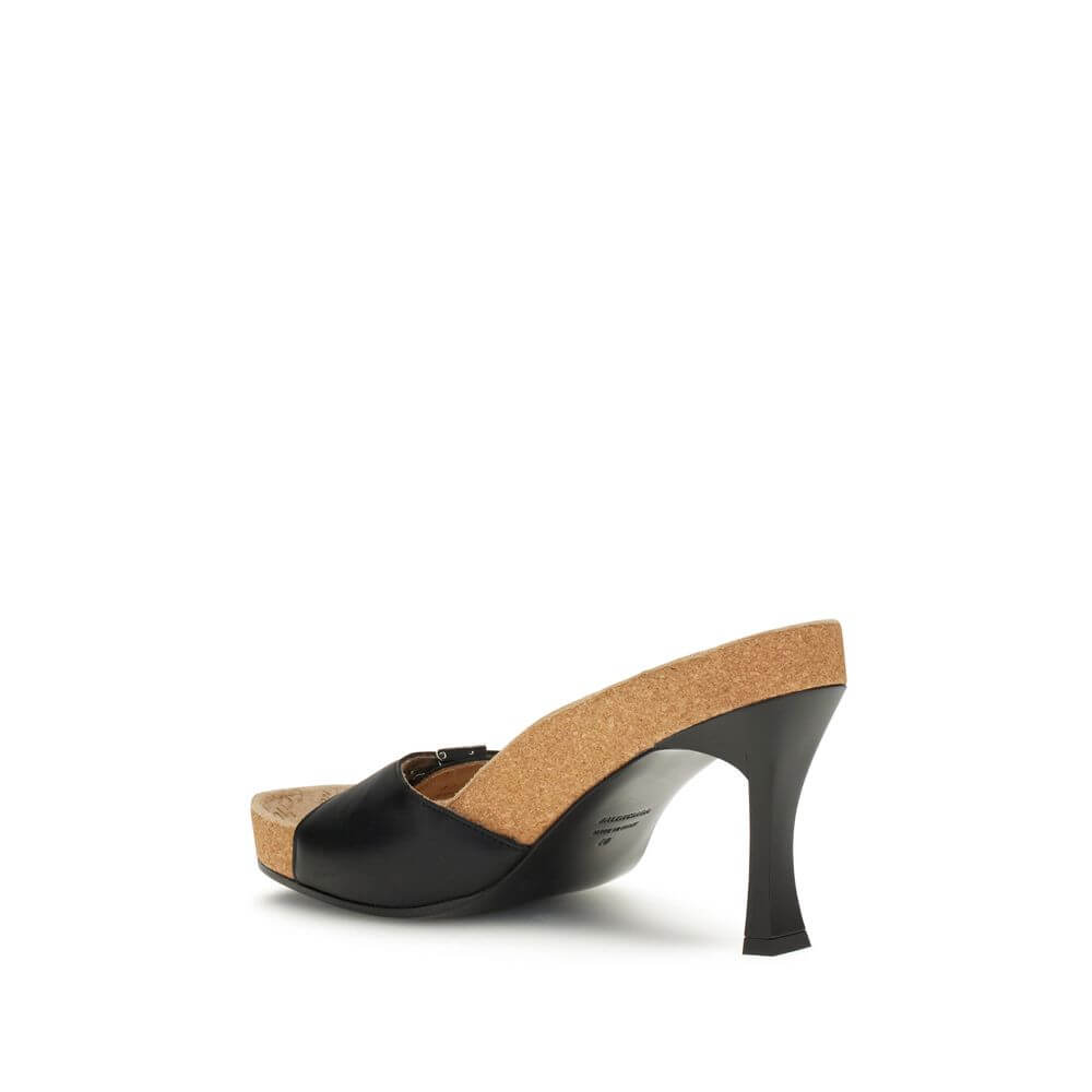 Balenciaga Black Calf Leather Bos Taurus Stiletto Heel Sandals with cork sole and adjustable buckle on side view.