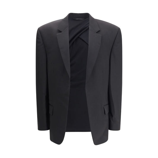 Balenciaga Black Wool Clothing deconstructed blazer with extended shoulders and classic lapels, offering a bold and contemporary style.