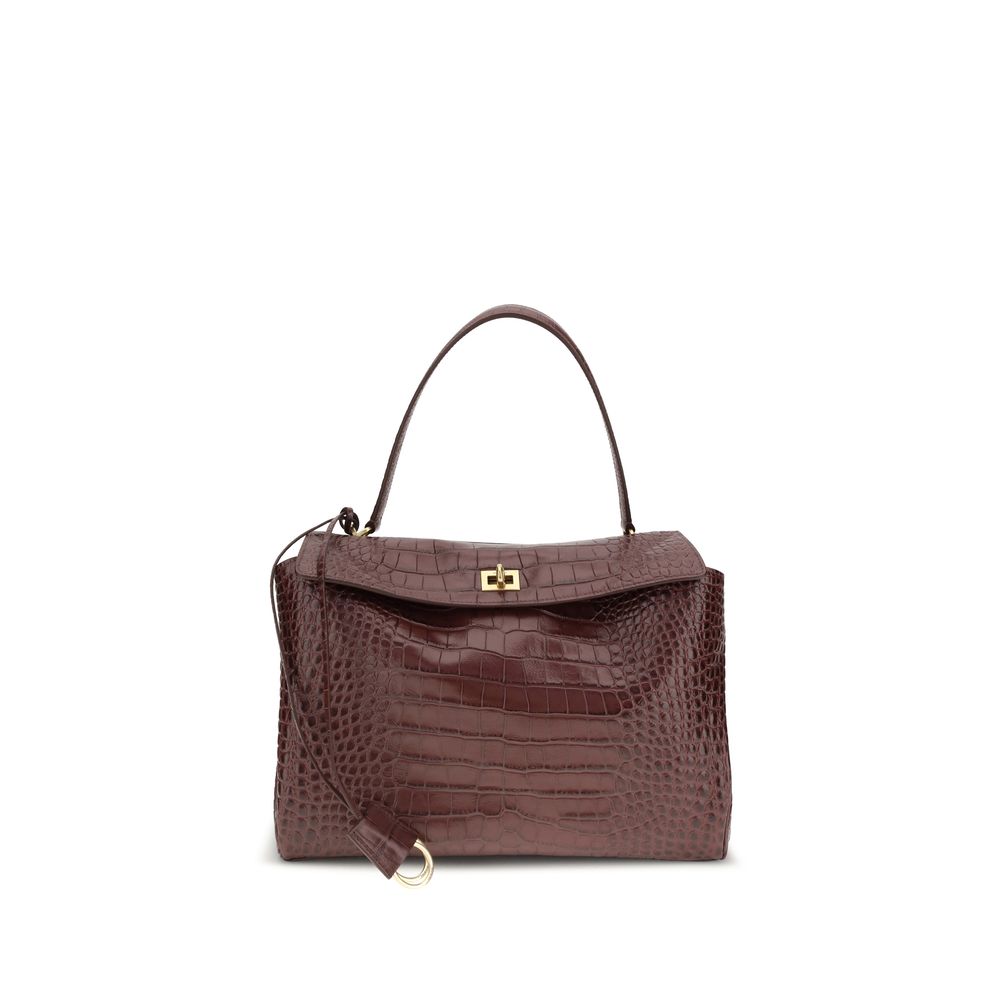 Balenciaga Brown Calf Leather Bos Taurus Handbag with crocodile-effect design, removable handle, and dual compartments, front view