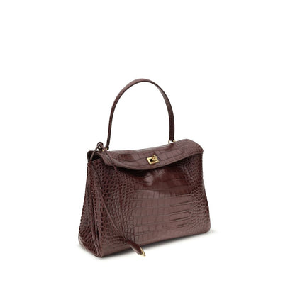 Balenciaga Brown Calf Leather Bos Taurus Handbag with crocodile-effect, removable handle, charm, dual compartment, and flap closure.