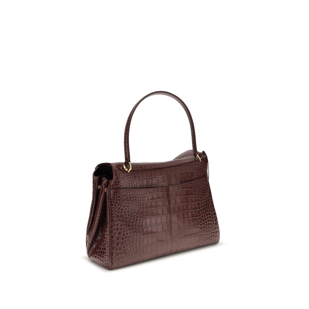 Balenciaga Brown Calf Leather Bos Taurus Handbag with crocodile-effect design, removable handle, and dual compartment.