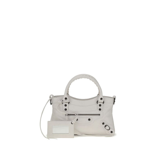 Balenciaga White Calf Leather Bos Taurus Handbag with brass hardware and hand-woven handles displayed on a white background.