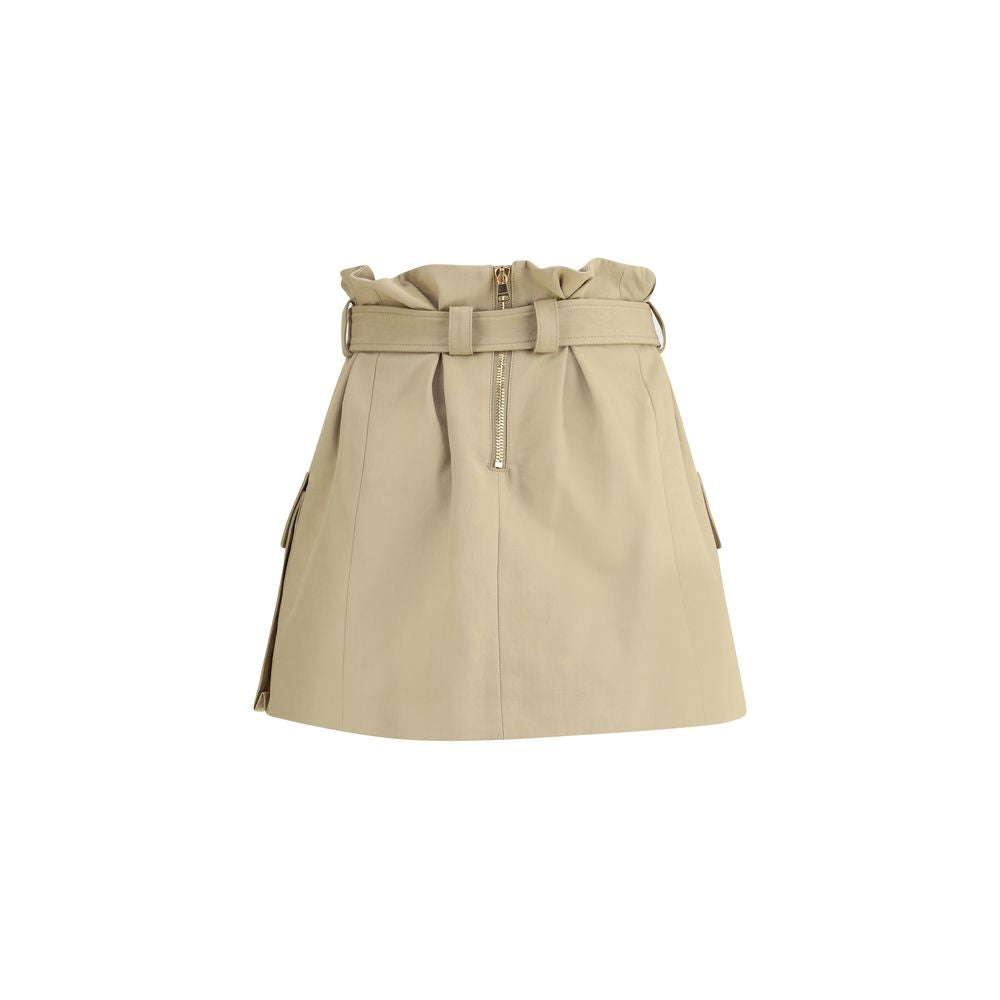 Balmain Beige Cotton Mini Skirt with removable belt and gold buckle, featuring side pockets and exposed back zipper.