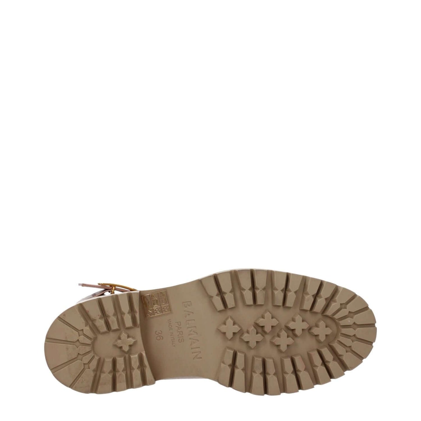 Sole view of Balmain Beige Leather Ankle Boots with logo imprint and rugged rubber sole, featuring a mid heel of 4.5 cm and lace-up closure.