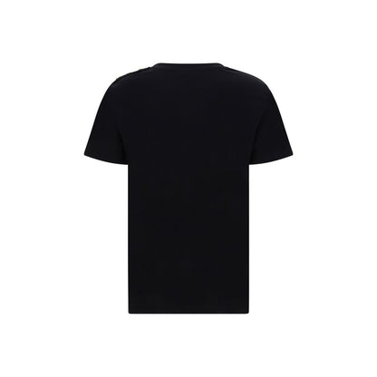 Back view of Balmain Black Cotton T-Shirt featuring ribbed crew neck and signature embossed buttons on the shoulder.
