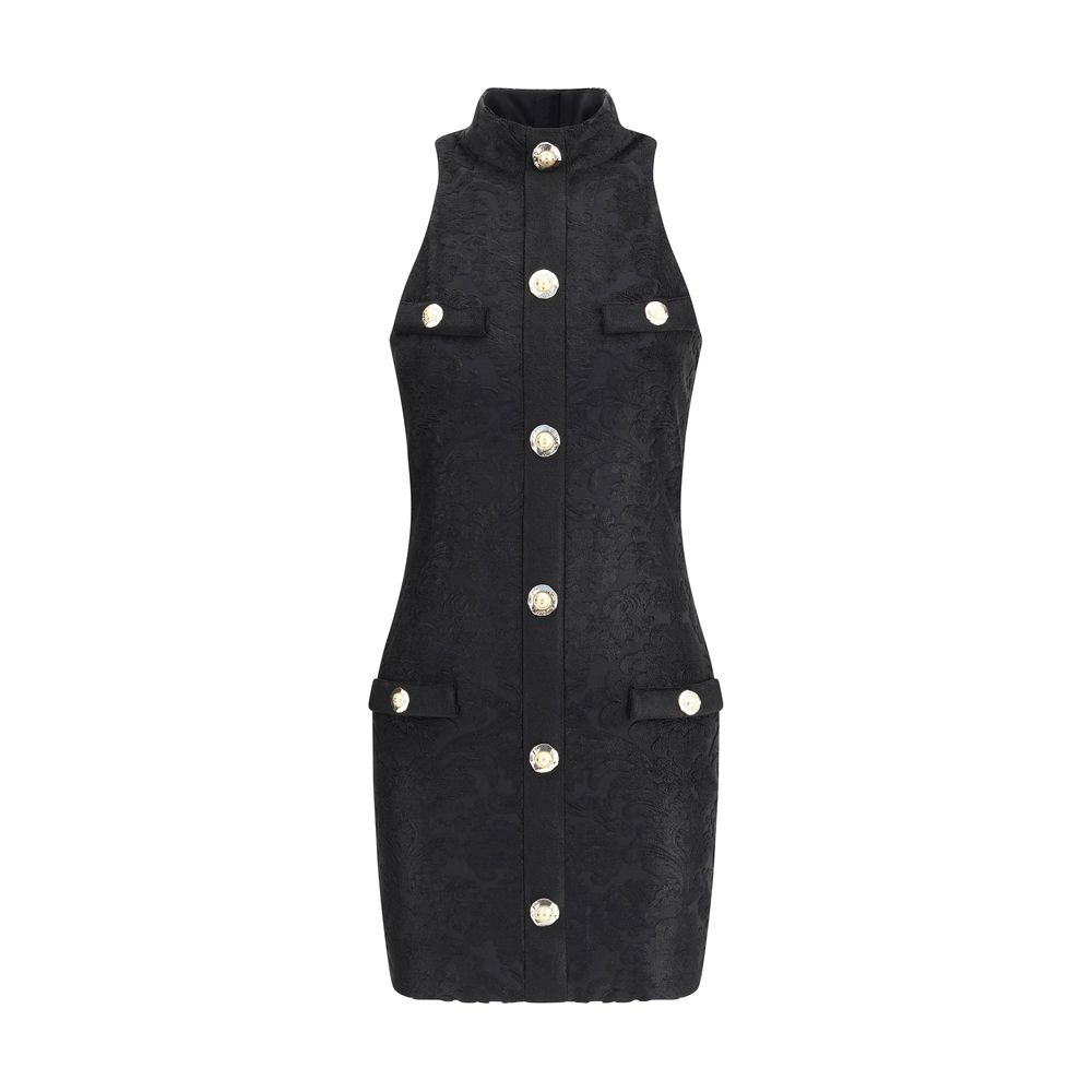 Balmain Black Viscose Cocktail Dress with gold buttons, baroque pattern, and slim fit, featuring American collar and back zipper closure.
