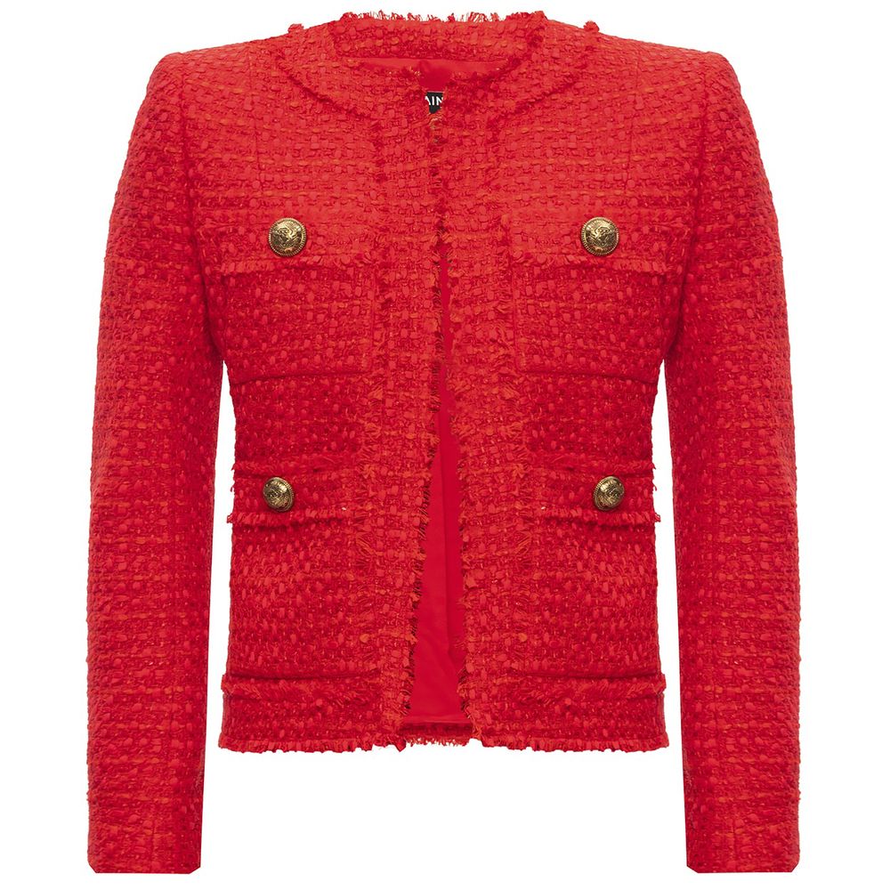Balmain Red Nylon Suits & Blazer with gold buttons, wool-viscose blend, four front pockets, raw-cut collar and hem, elegant design.