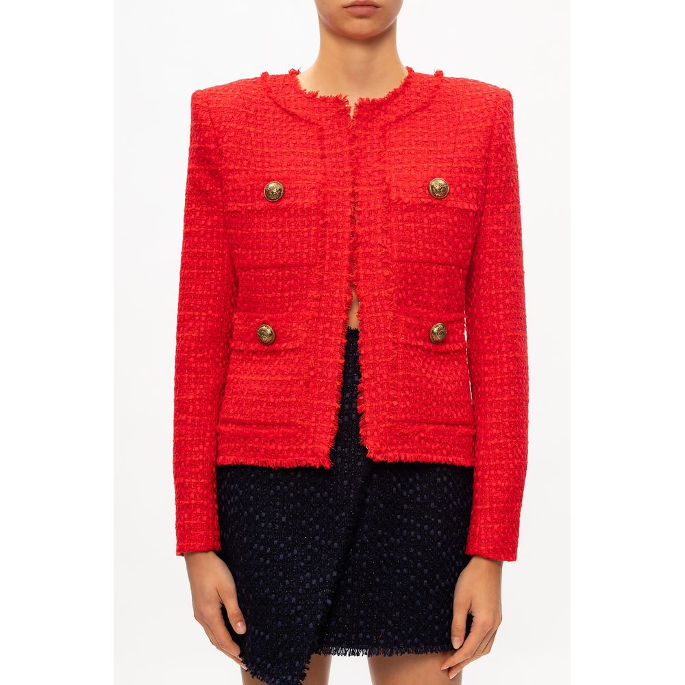 Balmain Red Nylon Suits & Blazer with gold buttons, raw-cut collar and hem, front pockets, short wool-viscose jacket for stylish wear