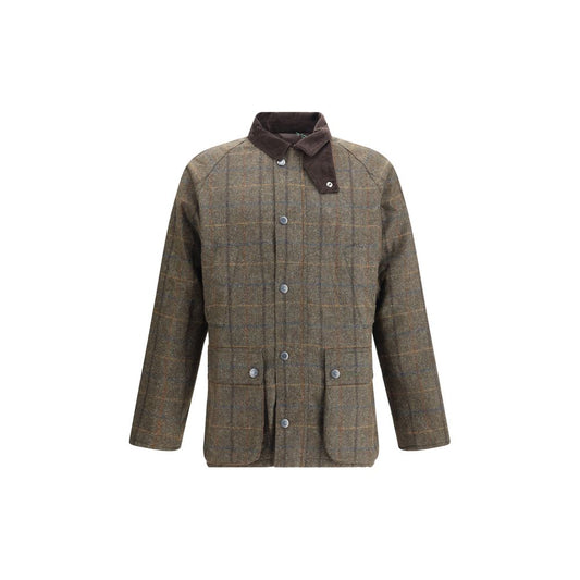 Barbour Green Wool Coat with check pattern and corduroy collar, featuring front snap closure and flap pockets, AW25 season, regular fit.