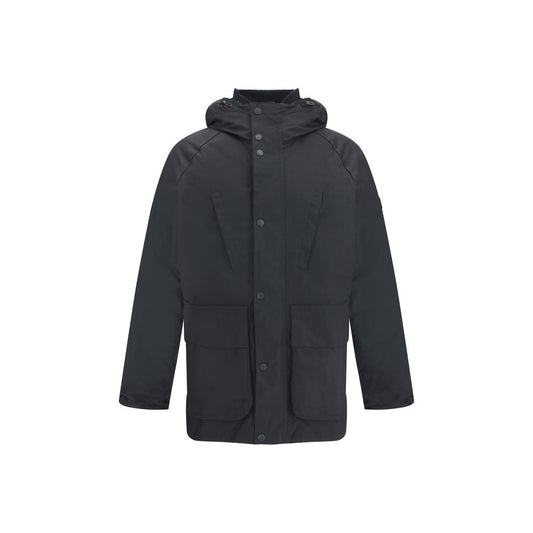 Barbour International Black Cotton Parka in a slim fit, featuring adjustable hood and pockets, perfect for cold weather style and functionality.