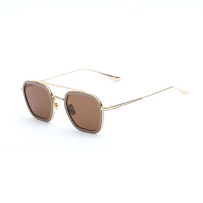 Belstaff Gold Titanium Sunglasses with brown lenses, handmade in Japan with high-grade materials, featuring 100% UV protection.