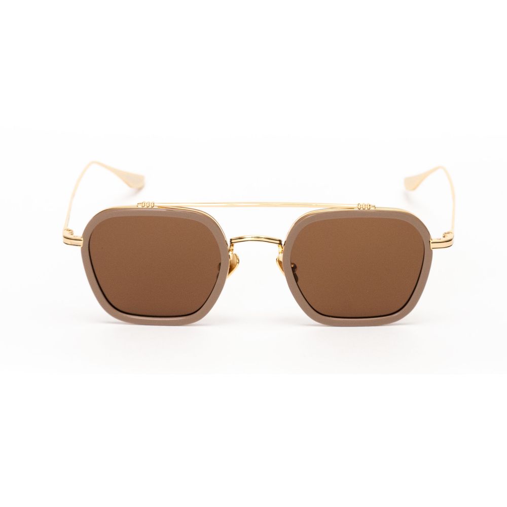 Belstaff Gold Titanium Sunglasses with brown lenses, handcrafted in Japan, featuring high-grade materials and 100% UV protection.