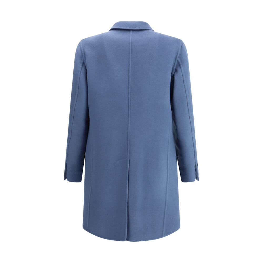 Back view of Brioni Light Blue Wool Coat with classic design, chest pocket, and back vent for elegance and fit. AW25 Collection.