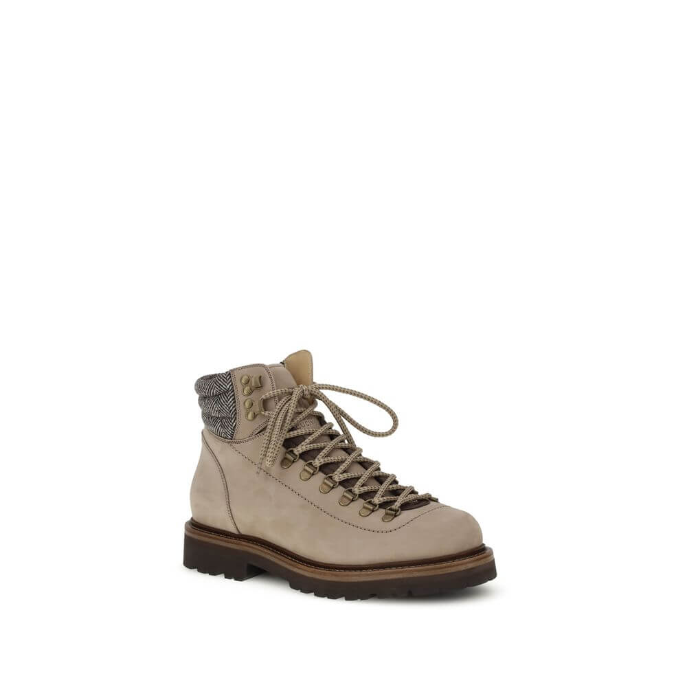 Brunello Cucinelli Beige Calf Leather Bos Taurus Lace-Up Boots with metal eyelets and two-tone laces for durable style.