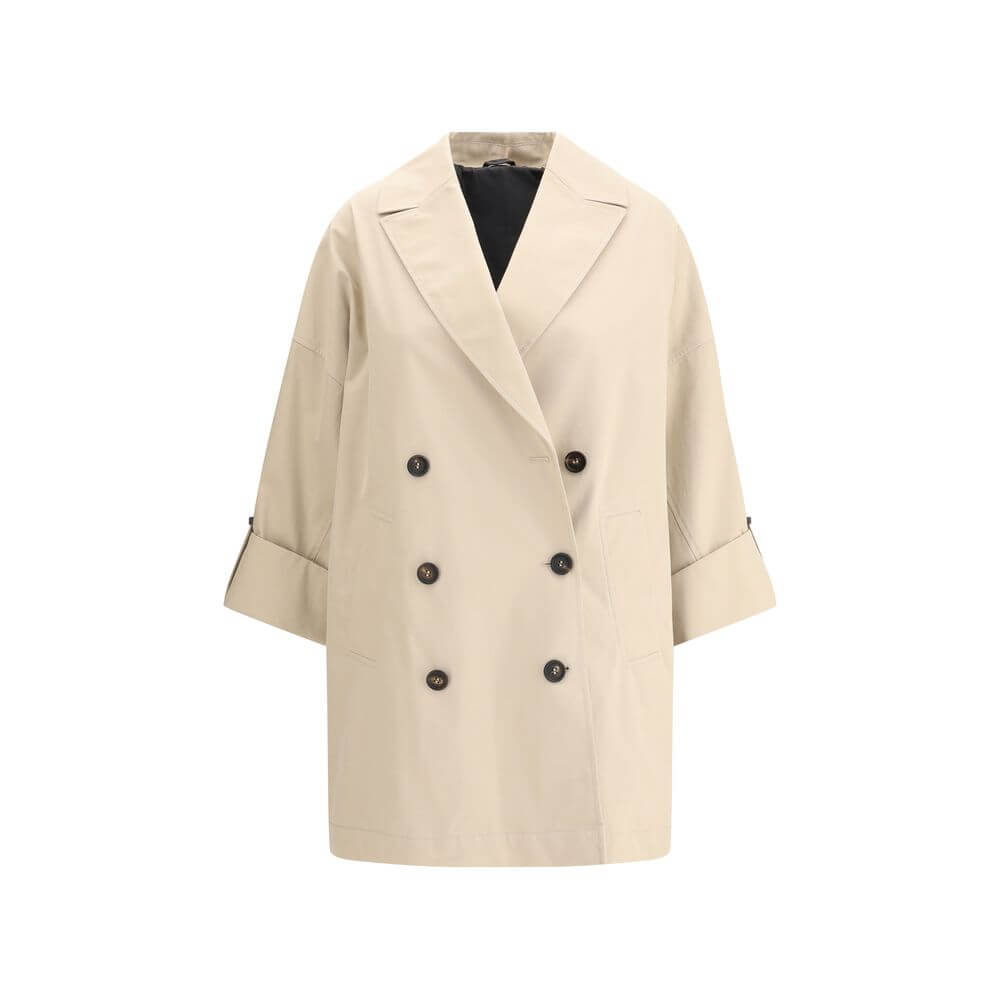 Brunello Cucinelli Beige Cotton Coat with wide lapel and jewel details, double-breasted for a sophisticated, modern feminine look.