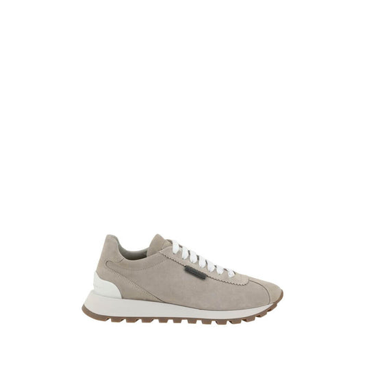 Brunello Cucinelli Beige Rubber Platform Sneakers with suede design and lace-up closure. Round toe and shiny bead detail for comfort and style.