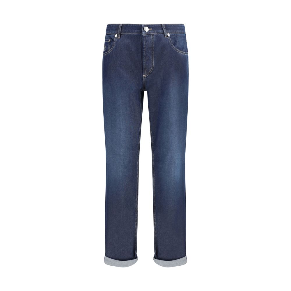 Brunello Cucinelli Blue Cotton Relaxed Fit Jeans with five-pocket style and turn-up hem, SS25 collection.