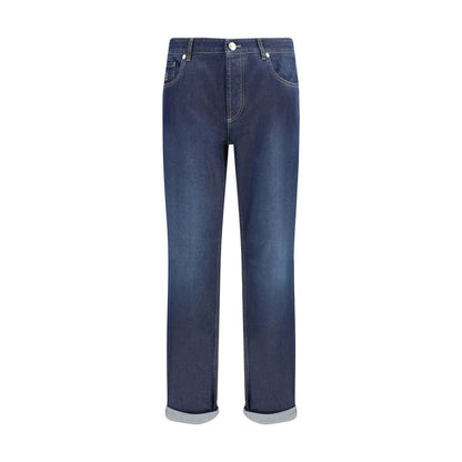 Brunello Cucinelli Blue Cotton Relaxed Fit Jeans with five-pocket style and turn-up hem, SS25 collection.