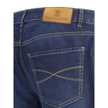 Back view of Brunello Cucinelli Blue Cotton Relaxed Fit Jeans with logoed leather patch