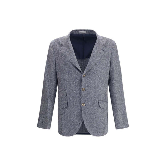 Brunello Cucinelli Blue Wool Blazer with herringbone pattern, classic lapels, button closure, and welt pockets, elegant and versatile.