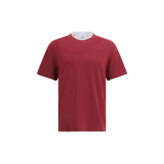 Brunello Cucinelli Bordeaux Cotton T-Shirt with double-layer hems for a refined look, perfect for versatile outfit pairings.