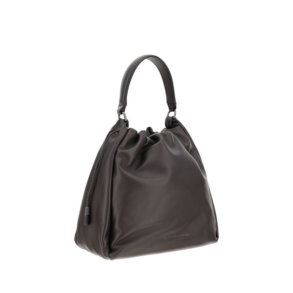 Brunello Cucinelli Brown Calf Leather Bos Taurus Shoulder Bag with drawstring closure and adjustable handle for AW25 season.