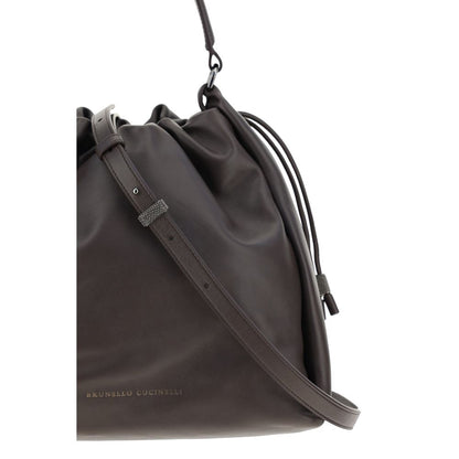 Brunello Cucinelli Brown Calf Leather Bos Taurus Shoulder Bag with drawstring and adjustable handle, AW25 collection