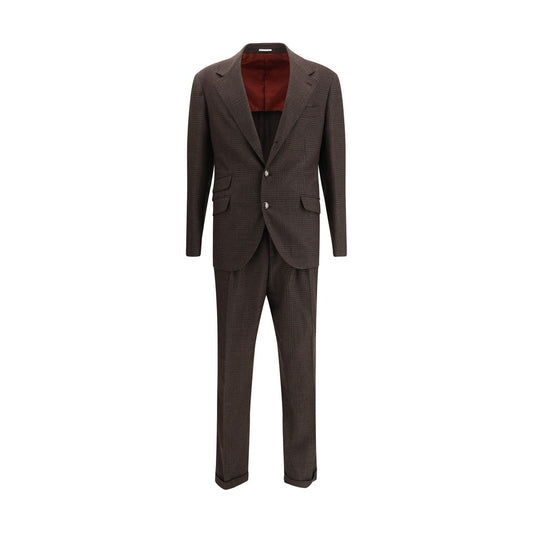 Brunello Cucinelli Brown Wool Two-Piece Suit featuring Prince of Wales pattern and metal button jacket for elegant style.