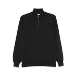 Brunello Cucinelli Cashmere sweater in grey with half front zip, long sleeves, ribbed cuffs and hem, and a curved high-neck design.
