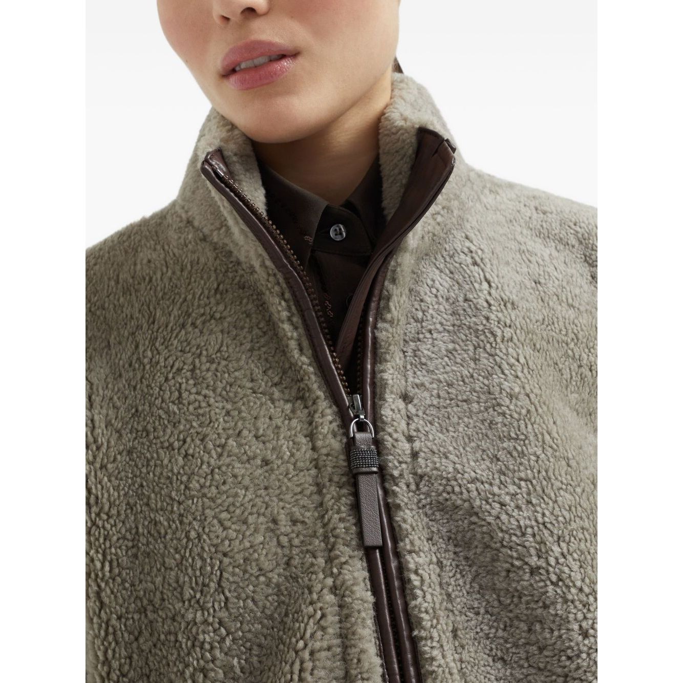 Brunello Cucinelli Curly Shearling Short Sleeve Outerwear with Shiny Zipper Pull