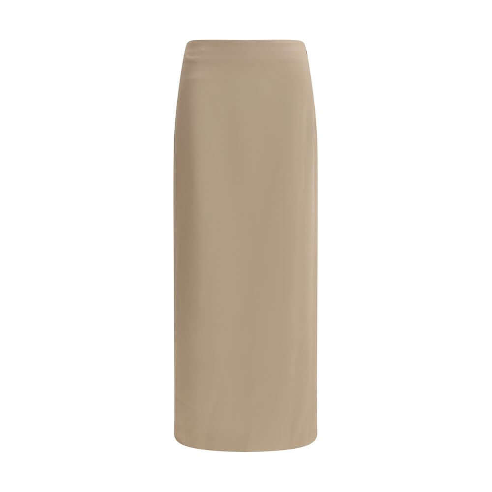 Brunello Cucinelli Gray Acetate Midi Skirt with elegant satin finish and back slit, perfect for sophisticated looks.