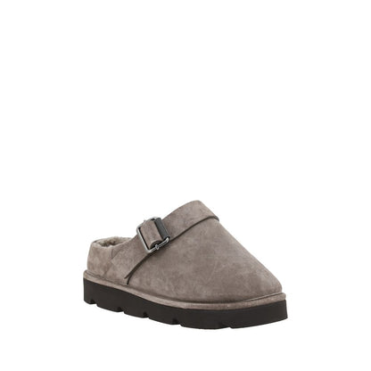 Brunello Cucinelli Gray Calf Leather Bos Taurus Clogs with buckle detail, fur-trimmed sabots, and knurled sole