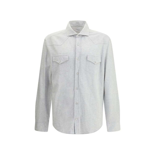 Brunello Cucinelli Gray Cotton Shirt with classic collar and snap button closure, front patch pockets, elegant grey melange design.