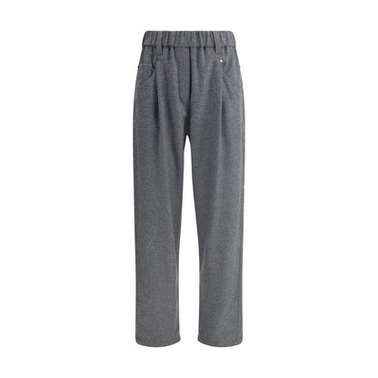Brunello Cucinelli Gray Fleece Wool Casual Pants with elastic waistband and five-pocket design, showcasing sophisticated style.
